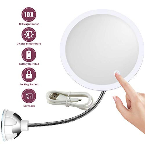 10X Magnifying Makeup Mirror with Light Flexible Gooseneck BathroomMagnification LED Lighted Vanity Mirror with Strong Suction Cup 360 Degree Rotation for Travel and Home Round Shape Makeup Mirror