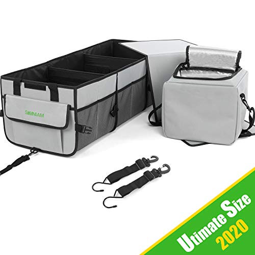 Upgraded Car Trunk Organizer with Cooler Bag - Simniam Collapsible Portable Multi Compartments Large Cargo Trunk Organizer with Reflective Strip Design for Car, SUV, Truck, or Van