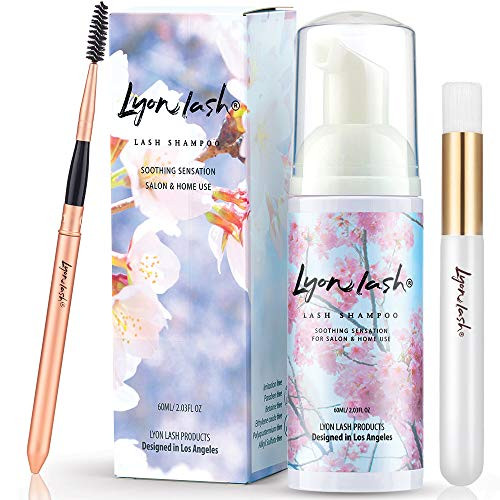 Eyelash Extension Shampoo 60ml + Brush + Mascara Wand - Lyon Lash Eyelid Foam Cleanser/Gentle Formula for Sensitive people/Paraben & Sulfate Free/Remove Eye Makeup & Oil & Dust/For Salon and Home Use