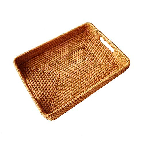 Rattan Handwoven Rectangular High Wall Severing Tray Food Storage Platters Plate with Handles for Breakfast, Drinks, Snack for Coffee Table (S-34cm)