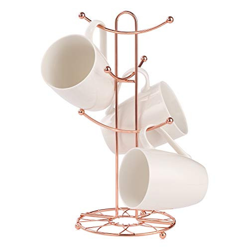 Buruis Mug Rack Tree, Decorative Flower Pattern Base Metal Mug Holder, Kitchen Coffee Mug Tree Countertop Tea Cups Holder Stand, Coffee Cup Dryer with 6 Hooks (Copper) Buruis Mug Rack Tree, Decorative Flower Pattern Base Metal Mug Holder, Kitchen Coffee Mug Tree Countertop Tea Cups Holder Stand, Coffee Cup Dryer with 6 Hooks (Copper)