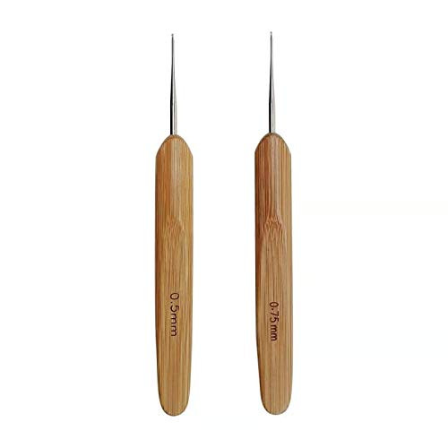 Dreadlock Crochet Hooks for Hair Crochet Needles Dreads Locs Crochet Needle Steel Crochet Hook Lock for Braid Craft, (0.5mm and 0.75mm 2 pcs),Nature Bamboo Handle