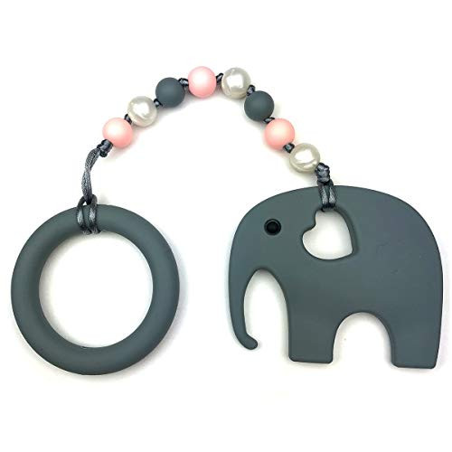 Baby Teething Toys by Nummy Beads Gray Elephant with Ring and Pink Beads Silicone Teether
