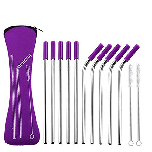 Stainless Steel Straws Set of 10 Reusable Drinking Straws with Travel Case Cleaning Brush Silicone Tips Eco Friendly Extra Long Metal Straws - STSET0003 (Purple)