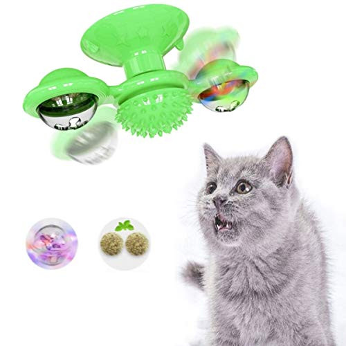Vigorstar Cat Toy Turntable, Interactive Training Windmill Ball with Scratching Cat Hair Brush, Pet Toy Scratching Tickle Funny Teasing, Built-in Rotating LED Light, Suction Cup Base - Green