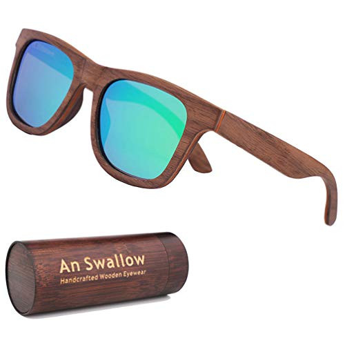 Polarized Wood Sunglasses Men, Wooden Bamboo Sunglasses for Women (Walnut Wood, Green Mirror Lens)