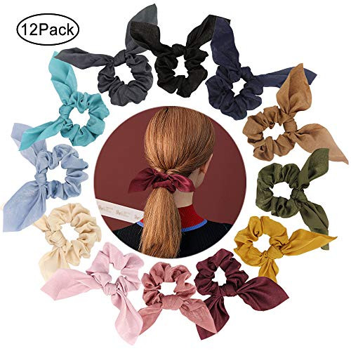 Taomoder Hair Scrunchies for Women, 12 Pcs Bow Scrunchies for Hair Fashion Hair Ties Soft Silk Satin Scrunchies for Hair Cute Bunny Ear Scrunchies Ponytail Holder Hair Accessories for Women