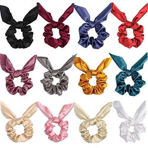 12 Pcs Satin Hair Scrunchies, Taomoder Silk Scrunchies for Hair Elastic Hair Ties no Crease Fashion Scrunchie with Bow Cute Rabbit Ear Scrunchie Hair Bow Ponytail Holder