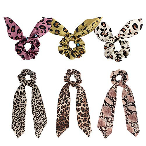 6 Packs Silk Scrunchies for Hair, Taomoder Big Long Hair Scarf Leopard Scrunchies Hair Bows Satin Hair Scrunchies for Women Bunny Ear Scrunchies Ponytail Holder Hair Ties Elastic Hair Bands