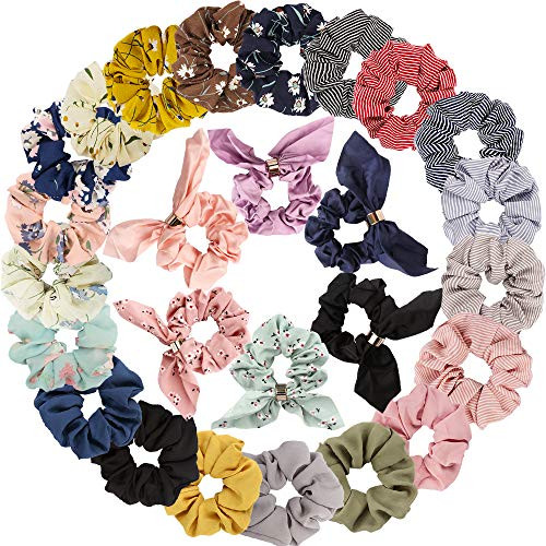 Bow Scrunchies for Hair, Taomoder 26 Pcs Velvet Scrunchies for Hair Fashion Hair Ties Chiffon and Satin Elastic Hair Bands Cute Bunny Ear Scrunchies Ponytail Holder Hair Accessories