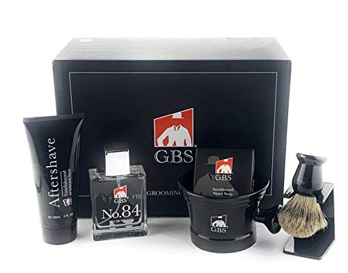 GBS Premium Men's Wet Grooming Shaving Set-Gift Boxed-Ceramic Black Shaving Mug with Knob Handle, Pure Badger Hair Brush + Stand, Sandalwood Shave Soap, No.84 Cologne, and Sandalwood Aftershave!