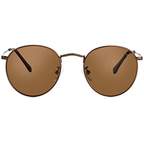 Small Round Polarized Sunglasses for Men Women Mirrored Lens Classic Circle Sun Glasses (Brown Frame/Brown Lens)