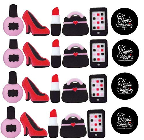 24pk The Diva 1 1/8" - 1 1/4" Edible Sugar Decoration Toppers for Cakes Cupcakes Cake Pops w. Edible Sparkle Flakes & Decorating Stickers