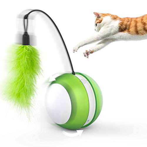 Feltom Cat Interactive Toys Automatic Cat Toy Ball with LED Light and Feather, 360 Degree Electronic Self Rolling Ball Kitten Toys Entertainment Hunting Exercise, Large Capacity Battery (Green)