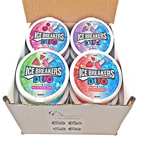 Ice Breakers DUO Variety Pack - Strawberry, Grape, Raspberry, Watermelon Sugar Free Mints Candy (Pack of 12) 1.3oz Each