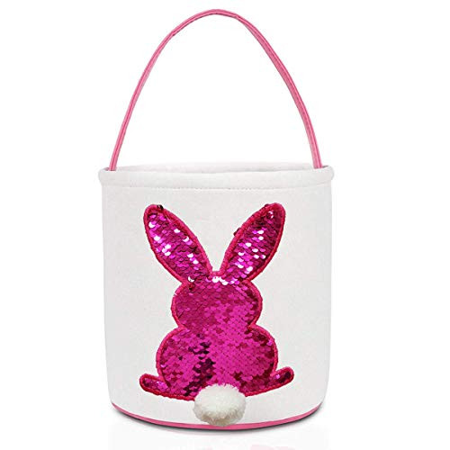 Poptrend Easter Basket Bags,Easter Eggs/Gift Baskets for Kids,Bunny Tote Bag Bucket for Easter Eggs,Toys, Candy,Gifts (Pink Paillette)