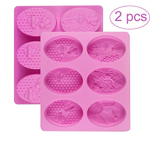 Palksky (2 Pack) 6 Cavities 3D Bee Silicone Oval Molds/Honeycomb Soap Mold/Beehive Cake Baking Mold for Homemade Craft Candle Resin Bath Bomb