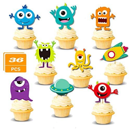 SAKOLLA Little Monster Cupcake Toppers - 36 Pcs Monster Bash Cake Toppers for Baby Shower, Birthday Party, Monster Themed Party Decorations