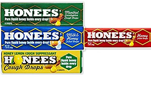 Honees Honey Drops 4 Flavor Variety Bundle (Pack of 16) 4 of each: Milk & Honey, Honey Menthol, Honey Lemon, Honey Filled