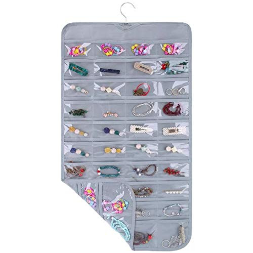 SPIKG Hanging Jewelry Organizer Holder, Storage Bag for Earrings Necklace Bracelet Ring Accessory Display Holder Box (Grey -80 Pockets)
