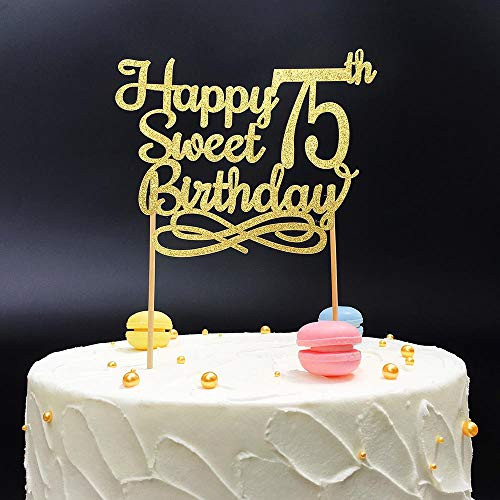 Gold Happy Sweet 75th Birthday Cake Topper,Gold Paper Cake Topper, 75th Birthday Party Decoration,Cellebration 75th Birthday/Anniversary Party cake Topper