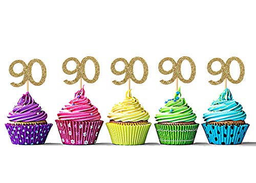 Sumerk 24PCS 90 Cupcake toppers Gold Glitter 90th Birthday Cupcake Picks Anniversary Party Decorations