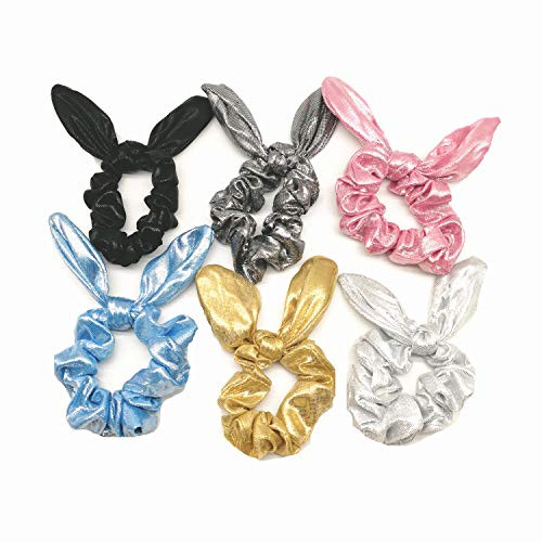 PNEIFON 6 Pack Hair Scrunchies Rabbit Bunny Ear Bow Bowknot Scrunchie Bobbles Elastic Hair Ties Bands Ponytail Holder,Shiny Metallic Scrunchies