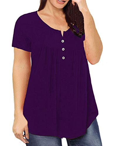 DIOLOCA Women's Tops Plus Size Henley Shirts V Neck Button Up Blouses Ruffle Pleated Tunics Short Sleeve Tops(Purple,4X)