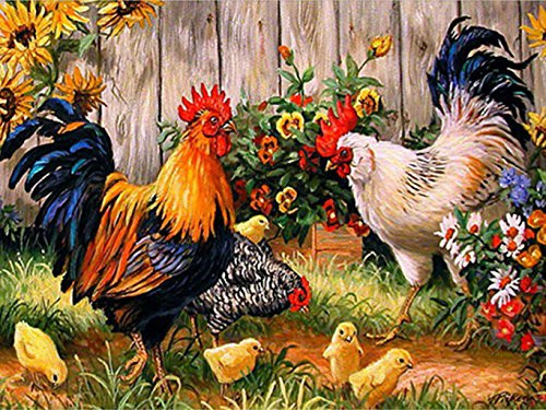 AIRDEA DIY 5D Diamond Painting by Number Kit, Full Drill Rooster Hen Chicks Embroidery Cross Stitch Arts Craft Canvas Wall Decor