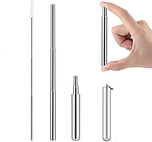 MBODM Telescopic Reusable Straws Portable Stainless Steel Metal Drinking Straw Collapsible Straw with Case Cleaning Brush Keychain (Silver)