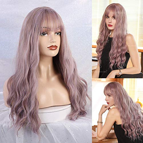FAELBATY Long Wave Wigs Hair Thin Bangs Synthetic Wig for Women 28 Inches Natural Curly Wave with Air Bang Replacement Wig for Party Cosplay Body Wavy Mix Light Purple Color