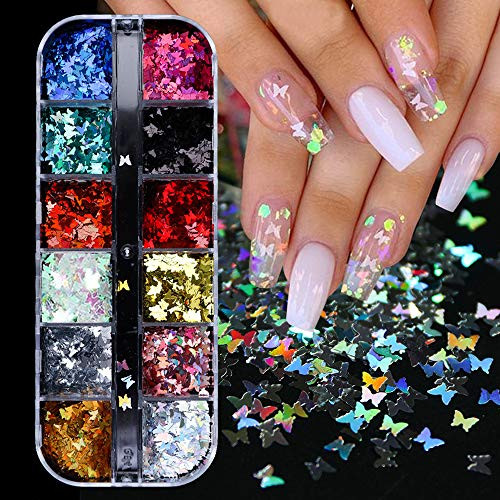 12 Colors Butterfly Glitter Nail Sequins - 3D Nail Art Flakes Colorful Confetti Glitter Sticker Decals Manicure Nail Art Design Makeup DIY Decoration