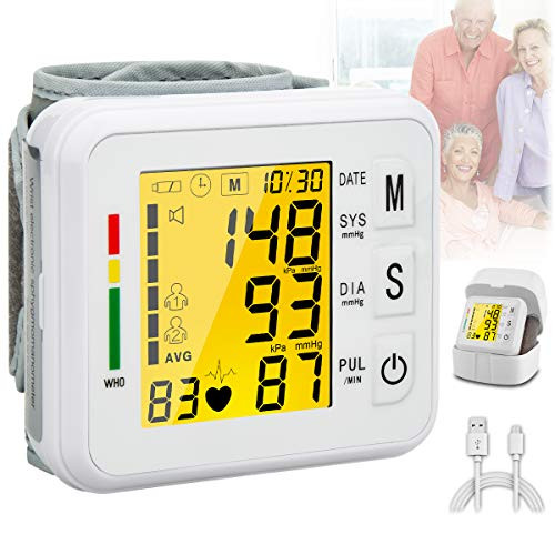 Blood Pressure Monitor,Digital BP Cuff Wrist Blood Pressure Cuff Monitor Automatic Large Backlight Display Rechargeable Wrist Blood Pressure Monitor Pulse Rate Monitoring Meter BP Machine for Home Use