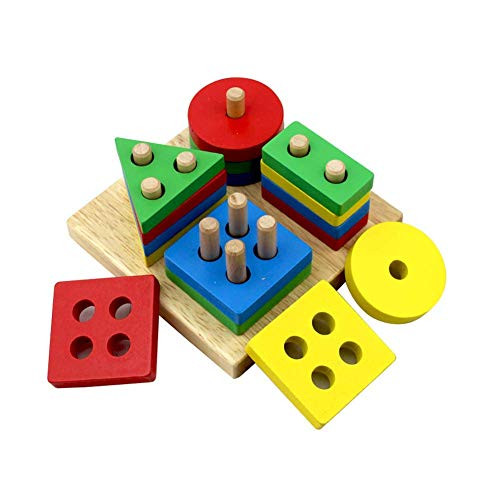 KanCai Wooden Educational Shape Color Recognition Geometric Board Block Stack Sort Chunky Puzzle Toys, Birthday Gift Toy for Age 3 4 5 Years Old