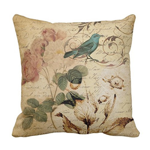 Emvency Throw Pillow Cover Vintage Nouveau Victorian Paris Scripts French Bird Botanical Teal Romantic Decorative Pillow Case Home Decor Square 18 x 18 Inch Pillowcase