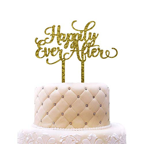 Happily Ever After Acrylic Cake Topper for Wedding, Engagement, Bridal Shower Party Decorations Gold Glitter