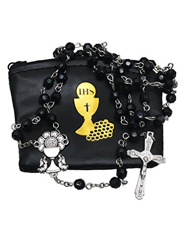 First Communion Catholic Gift Set 6mm Black Faceted Bead Men or Boy Rosary with Black Vinyl Rosary Case with gold Chalice accent