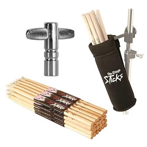 On Stage Maple Nylon 5B (12 pair) + Clamp-On Drum Stick Holder + Chrome Plated Drum Tunning Key - Top Value Drumstick Bundle!!