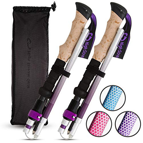 High Stream Gear Women's Collapsible Walking Sticks, 2 Long Lightweight Foldable Hiking & Trekking Poles, Adjustable Quick Lock Folding Backpacking Poles with Accessories (Purple)