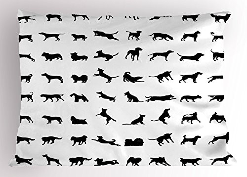 Lunarable Black and White Pillow Sham, Different Silhouettes Dogs Various Breeds Corgi Golden Retriever Pitbull, Decorative Standard Queen Size Printed Pillowcase, 30 X 20 Inches, Black White