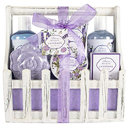 Bath Spa Basket Gift Set, with Lavender & Jasmine Scent, Home Spa Gift Basket Kits for Women, Includes Body Lotion, Shower Gel, Bath Salts, Bubble Bath, Body Mist, Bath Soap, Bath Bomb, 8 PCS