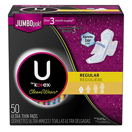 U by Kotex CleanWear Ultra Thin Pads with Wings, Regular, Fragrance-Free, 50 Count