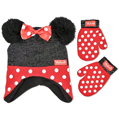 Disney Little Girls Minnie Mouse Polka Dots Acrylic Knit Winter Hat with Large Yarn Poms and 3D Polka Dot Bow with Matching Mitten Set, Red/Black, One Size