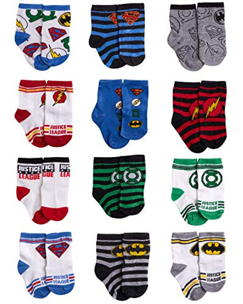 DC Comics Baby Boys Superhero Character Socks: Batman and Justice League 12 Pack (Newborn and Infants), Green/Blue/Red Justice League, Size Age 6-12M DC Comics Baby Boys Superhero Character Socks: Batman and Justice League 12 Pack (Newborn and Infants), Green/Blue/Red Justice League, Size Age 6-12M