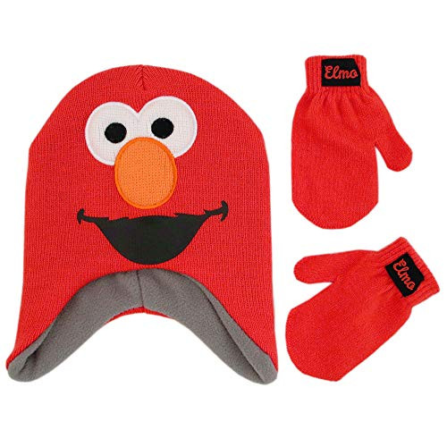 Sesame Street Toddler Boy's Elmo Character Hat and Mittens Cold Weather Set Accessory, blue/grey/orange, Age 2-4, Blue/Orange