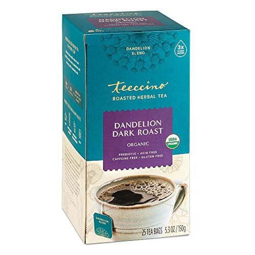 Teeccino Dandelion Tea  Dark Roast - Roasted Herbal Tea, Organic Roasted Dandelion Root, Prebiotic, Caffeine Free, Gluten Free, Acid Free, 25 Tea Bags