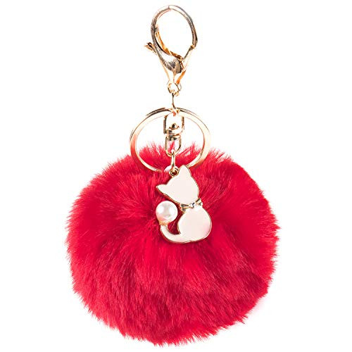 Pom Pom Keychain Artificial Fur Ball Keychain Fluffy Accessories Car Bag Charm (cat red)