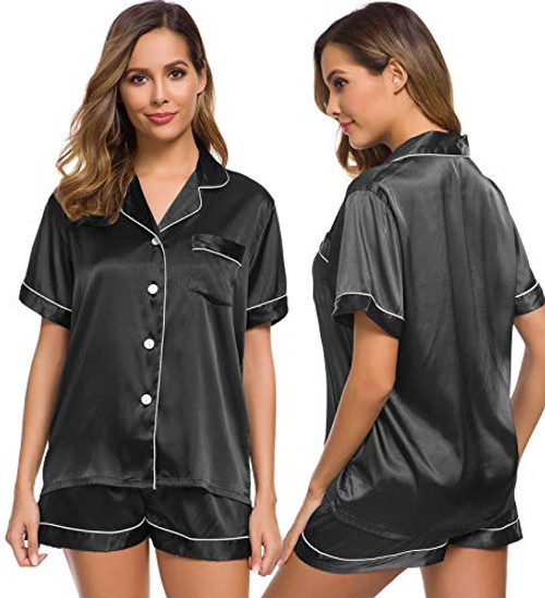 SWOMOG Womens Silk Satin Pajamas Set Two-Piece Pj Sets Sleepwear Loungewear Button-Down Pj Sets Black SWOMOG Womens Silk Satin Pajamas Set Two-Piece Pj Sets Sleepwear Loungewear Button-Down Pj Sets Black