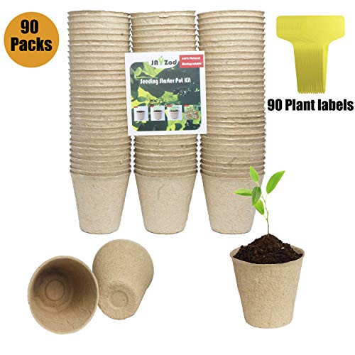 Jayzod 3 Seed Starter Pots, 90 Pack Round Recycled 100% Biodegradable Plant Pots with 90 Pcs Plant Labels,Biodegradable Peat Pots for Garden,Seedlings,Flowers,Vegetables,Saplings,Herb