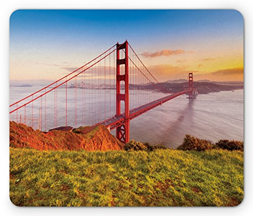 Lunarable USA Mouse Pad by, Golden Gate Bridge, USA Historical Landmark Sunrise Morning View Horizon, Standard Size Rectangle Non-Slip Rubber Mousepad, Sky Blue Red Apple Green